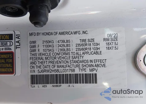 2020 Honda Cr-V Awd Ex из США, поврежденный, VIN 5J6RW2H58LL031768